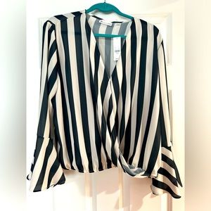 New York & Company Dark Green and White/Creme Striped Blouse, Size Large.